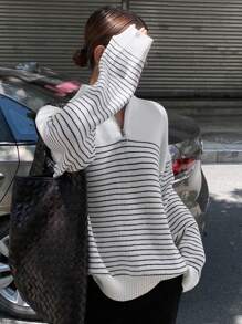 DAZY Striped Oversized Long Sleeve Zip-Up Turtleneck Sweater For Women,Fall Women Clothes - White - View 1