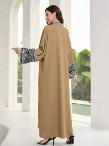 Al Najma Spring & Autumn Casual Color Block Printed Flare Sleeve Modest Long Sleeve Arabian Dress Kaftan Jalabiya Dress - Khaki - View 2