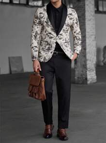 Manfinity Bizformal Bộ đồ dài tay in họa tiết batik cho nam, áo blazer có cổ và quần, trang phục dự tiệc thời trang thường ngày - trắng - Xem 7