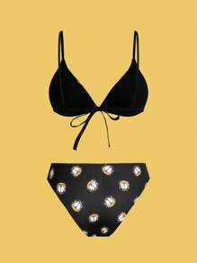 GARFIELD X SHEIN Conjunto de sujetador y ropa interior sexy y lindo de mujer con estampado de dibujos animados y con nudo en la espalda