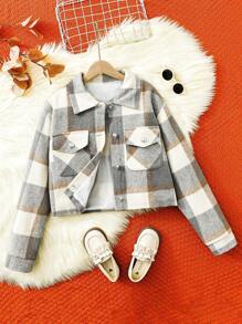 Tween Girls Plaid Short Urban Fashion Elegant All-Match Autumn And Winter Knitted Coat - Apricot - View 1
