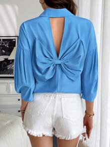 Chiquease Blue Backless Bow Tie Office Ladies Shirt - Blue - View 2