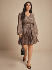 SHEIN Elaquor 1 pieza Vestido elegante de manga larga, cuello en V, con pliegues, para mujer talla grande, otoño