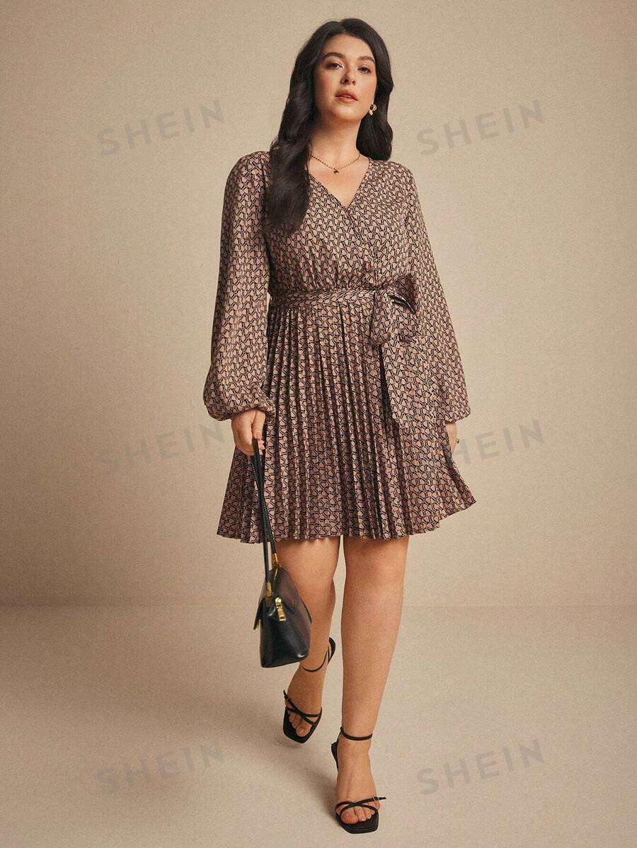 SHEIN Elaquor 1 pieza Vestido elegante de manga larga, cuello en V, con pliegues, para mujer talla grande, otoño