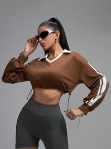 Innovista Women Brown Loose Fit Colorblock Cropped Sport Sweatshirts,Cropped Sweatshirts,Fall Sweatshirts,Going Out Tops,Workout Tops,Long Sleeves Sweatshirts,Colorblock Sweatshirts,Workout Women Tops,Fall Winter Women Outfit,Winter Women Clothes,Brown Long - Coffee Brown - View 12
