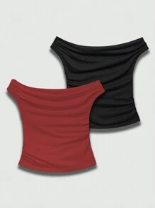 Sweetra Set áo trễ vai xếp ly gợi cảm mùa hè dành cho nữ - Màu Đỏ Sâu - Xem 2