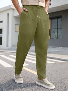 Manfinity VCAY 男士腰带纯色直筒宽松编织休闲裤 - 軍綠色 - 查看 5