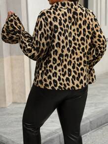 SHEIN LUNE Plus Size Women Spring Summer Leopard Print Tie Front Flare Sleeve Blouse - Apricot - View 2