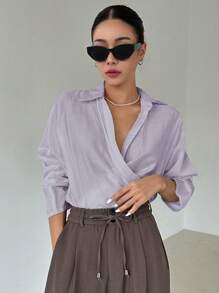 DAZY 纯色长袖休闲领上衣 - 淺灰紫 - 查看 5
