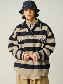 DAZY 男士撞色条纹字母印花长袖毛衣，秋季 - 彩色 - 查看 1