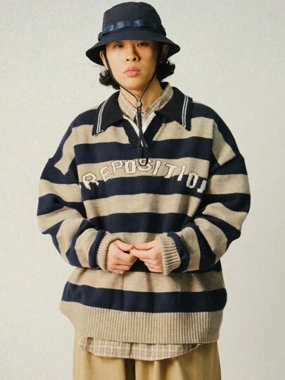 DAZY 男士撞色条纹字母印花长袖毛衣，秋季