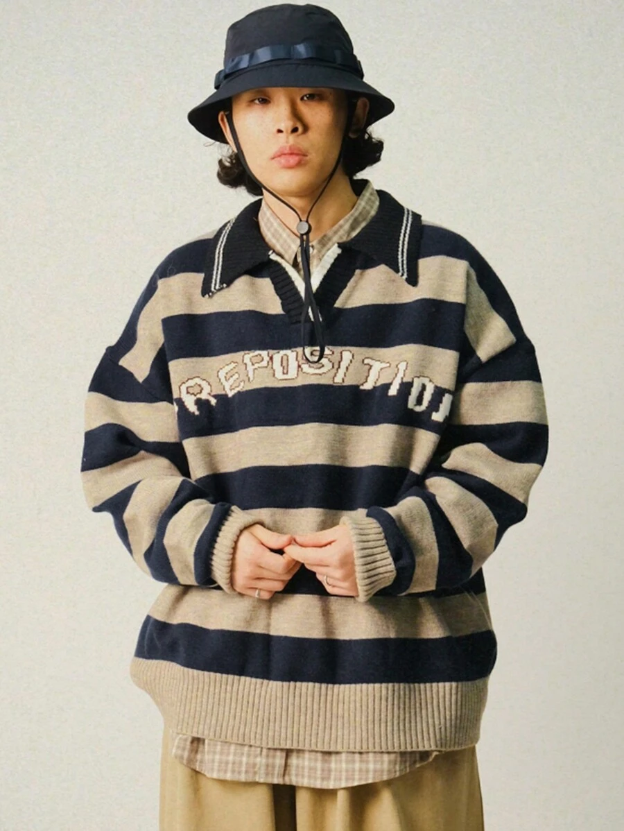 DAZY 男士撞色条纹字母印花长袖毛衣，秋季 - 彩色 - 查看 1