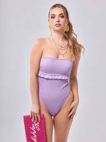 Twin Melody X SHEIN Swim Vcay 女士纯色褶皱前胸抹胸连体泳衣，带荷叶边下摆，适合度假和海滩夏季 - 淡紫色 - 查看 13