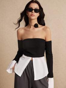 Poéselle Black Going Out Tops,Women's Solid Color Patchwork Off Shoulder Long Sleeve Split Casual Blouse,Fall Women Clothes,Fake Two Shirt Splicing Chest Top, Long Sleeve Sleeve, Sleeve Sleeve Removable,Simple Fashion, Siren Office, Suitable For Daily Commute, Street Wear - Black - View 7