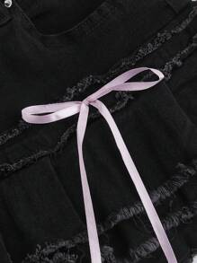SHEIN MOD 女士休闲牛仔短裙，带蝴蝶结装饰和磨损下摆 - 黑色 - 查看 4