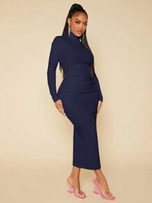 SHEIN SXY High Neck Solid Bodycon  Ruched  White Maxi  Dress - Navy Blue - View 4