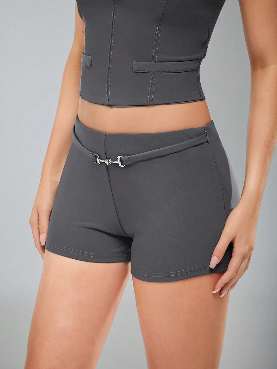 Hauture Buckle Detail Hot Shorts - Dark Grey - View 1