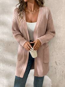 SHEIN Clasi Cardigan tricoté mi-long pour femme à col en V, manches longues, ceinture à la taille, texture rayures verticales kaki - Kaki - Voir 4