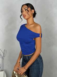 SHEIN BAE Áo cánh mùa hè nhún bèo màu trơn cho nữ - Xanh đậm - Xem 3
