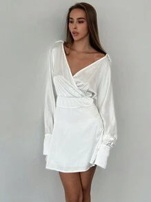 Aloruh Minimalist Commuter White Pique Collared Long Sleeve Puff Sleeve Split Waist Umbrella Hem Mini Dress For Ladies - White - View 7