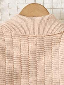 SHEIN Young Girl Rib Knit Striped Top And Pleated Skirt 2Pcs Sweater Set - Khaki - View 5