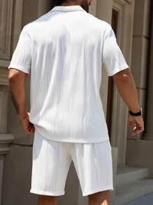 Manfinity Homme Men's Summer Solid Color Patch Collar Short Sleeve Shirt And Pocketed Shorts Casual Set - White - View 2