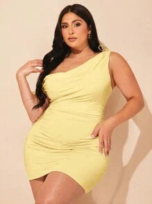 SHEIN BAE Plus Size Nữ Màu Trơn Mùa Hè Đen Co Giãn Đan Tập Hợp Bất Đối Xứng Thiết Kế Thắt Nút Một Vai Đầm Ngắn - Màu vàng - Xem 5