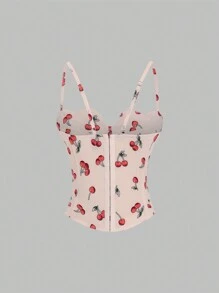 Sweetra Women Summer Cherry Print Curved Edge Slim Fit Camisole - Pink - View 2