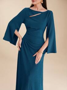 Modelyn Women's Asymmetric Neck Long Sleeve Split Ruched Elegant Arabic Style Dress - Teal Blue - View 1