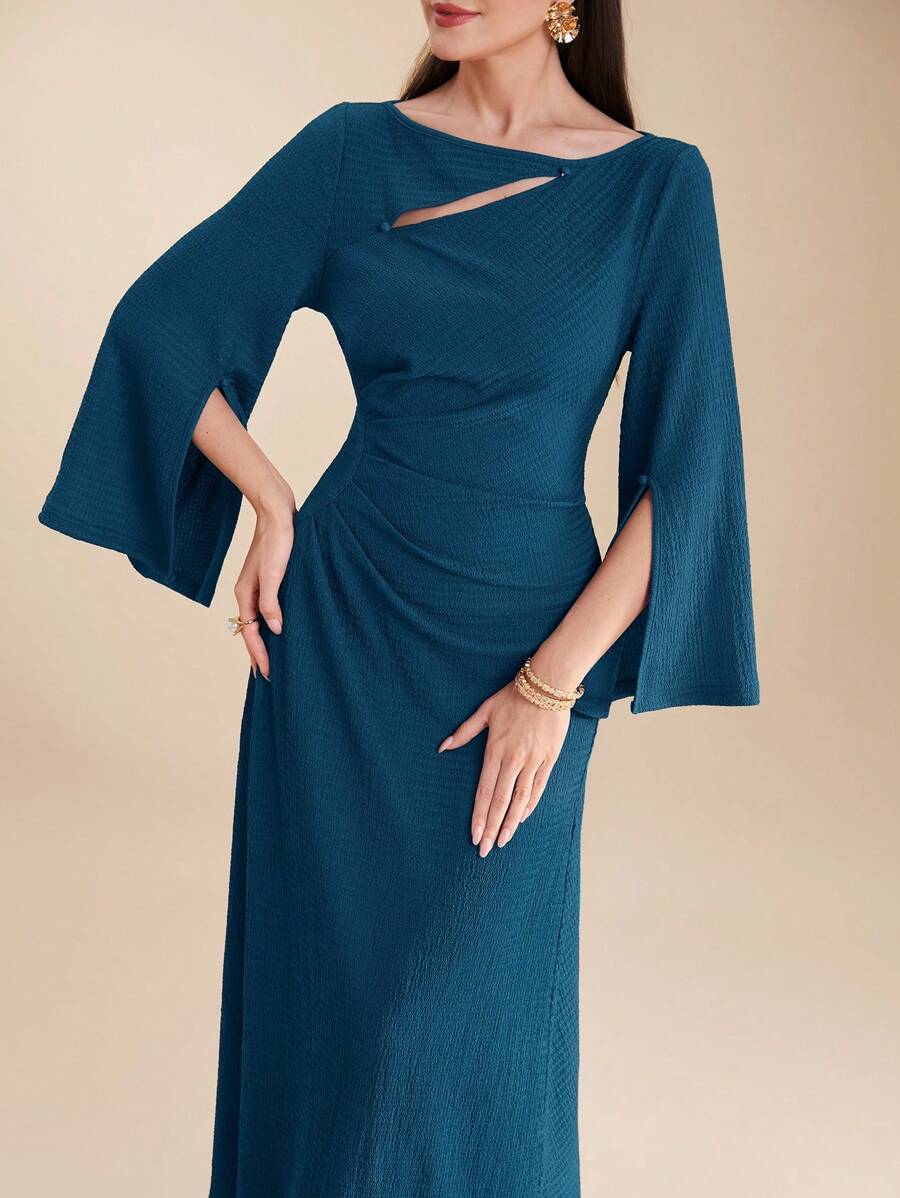 Modelyn Women's Asymmetric Neck Long Sleeve Split Ruched Elegant Arabic Style Dress - Teal Blue - View 1
