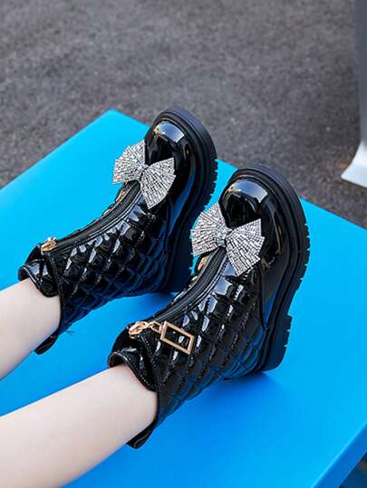 Girls' Princess Boots, New Autumn/Winter Fashion, British Style Performance Dance Party Short Boots, Comfortable Side Zipper Riding Boots, Size 27-37