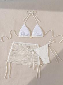 Swim Mod 3 件套女士纯色简约度假吊带比基尼套装、系带泳裤和泳裙夏季海滩 - 白色 - 查看 2