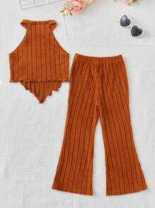 SHEIN Leap Crew Bộ đồ liền thân xẻ tà và quần ống loe cho bé gái Bộ đồ liền thân hai mảnh cho bé gái - Màu Cam cháy - Xem 2