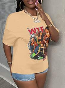 Slaydiva Casual Chic Simple All-Match Sexy Slim Graphic Print Crew Neck Loose Crop Top T-Shirt For Women, Summer - Camel - View 5