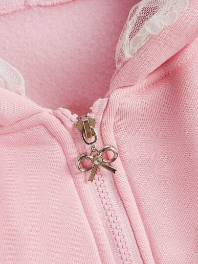 Sweetness Women's Colorblock Lace Trim Hooded Long Sleeve Sweatshirt, School