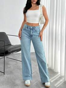 EURMUSE HOGH WAIST STRAIGHT CUT RAW HEM JEAN - Light Wash - View 4