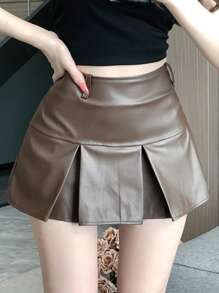 DAZY Váy bút chì PU đơn giản, màu trơn, thường ngày cho nữ, váy da, váy thu - màu nâu - Xem 3
