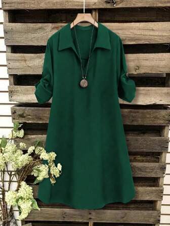 Joress Plus Size V-Neck Roll Sleeve Elegant Casual Loose Dress