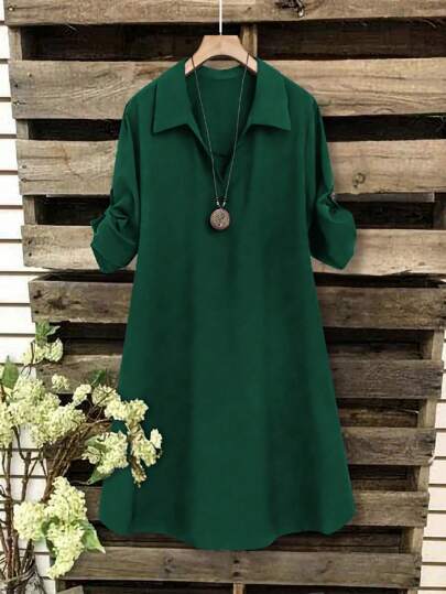 Joress Plus Size V-Neck Roll Sleeve Elegant Casual Loose Dress