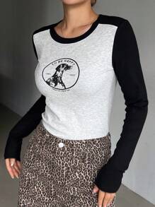 DAZY Women's Letter Print Color Block Long Sleeve T-Shirt,Fall Clothes Graphic Tee - Grey - View 7