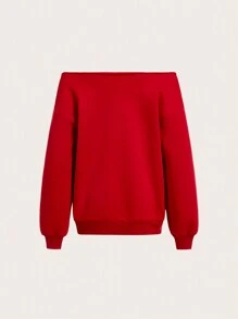 SHEIN EZwear Casual NYC USA Letter Printed Red Loose Off-Shoulder Long Sleeve Fleece Hoodie, Autumn/Winter - White - View 2