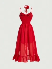 SHEIN MOD Blue Summer Holiday Date 3D Flower Ruffle Trim High Slit Dress - Red - View 2