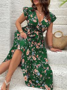 SHEIN Clasi 大码 V 领荷叶边花卉印花休闲连衣裙 - 彩色 - 查看 5