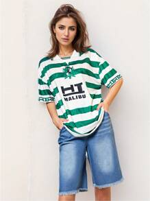 Teen Girl Summer Casual Contrast Striped Letter Print Top And Denim Shorts Two-Piece Set