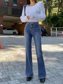 DAZY 女式休闲阔腿牛仔裤，配有多个口袋和正面纽扣