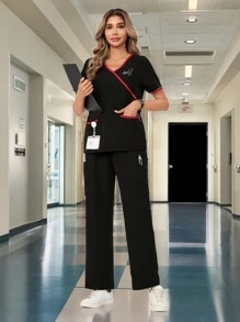 TaskEZ 短袖上衣和長褲對比邊緣制服套裝