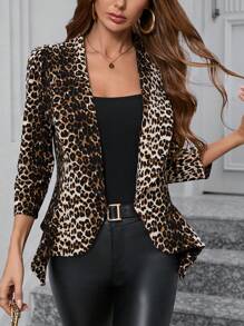 SHEIN Clasi 女士腰部收紧荷叶边下摆 3/4 袖优雅豹纹动物印花西装外套，适合秋冬季通勤、派对、约会 - 彩色 - 查看 1