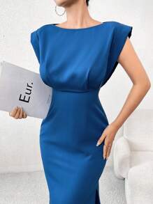 Modelyn Solid Split Thigh Shoulder Pad Dress - Teal Blue - View 1