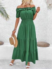 Breezaya Vestido de unicolor con hombros descubiertos, volantes escalonados y cintura ceñida - Verde - Ver 3