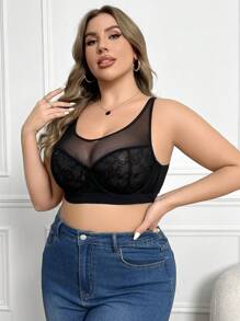 Plus Size Lace Contrast Mesh Underwire Lingerie Bra (1pc)